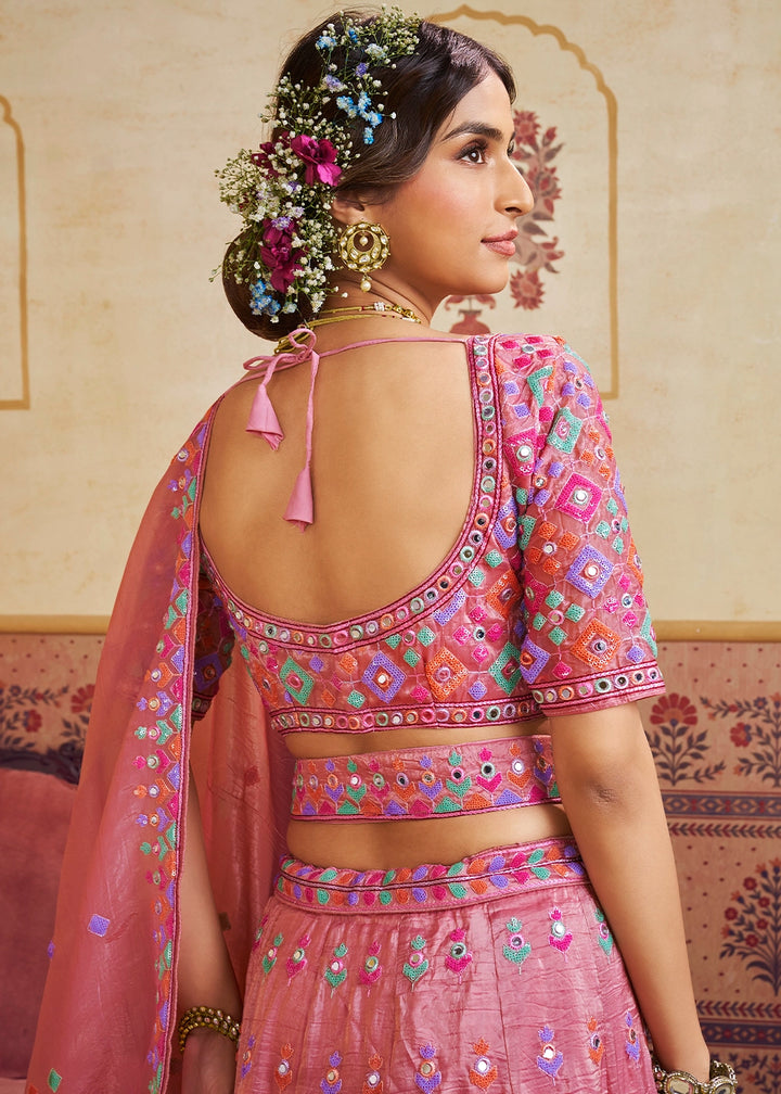 Rouge Pink Organza Lehenga Choli with Floral Embroidery & Sequins work