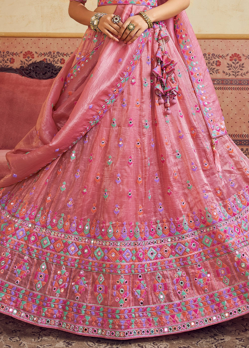 Rouge Pink Organza Lehenga Choli with Floral Embroidery & Sequins work