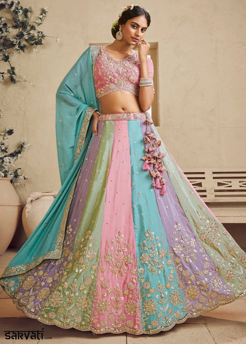 Multi Colored Georgette Lehenga Choli with Floral Embroidery & Sequins work