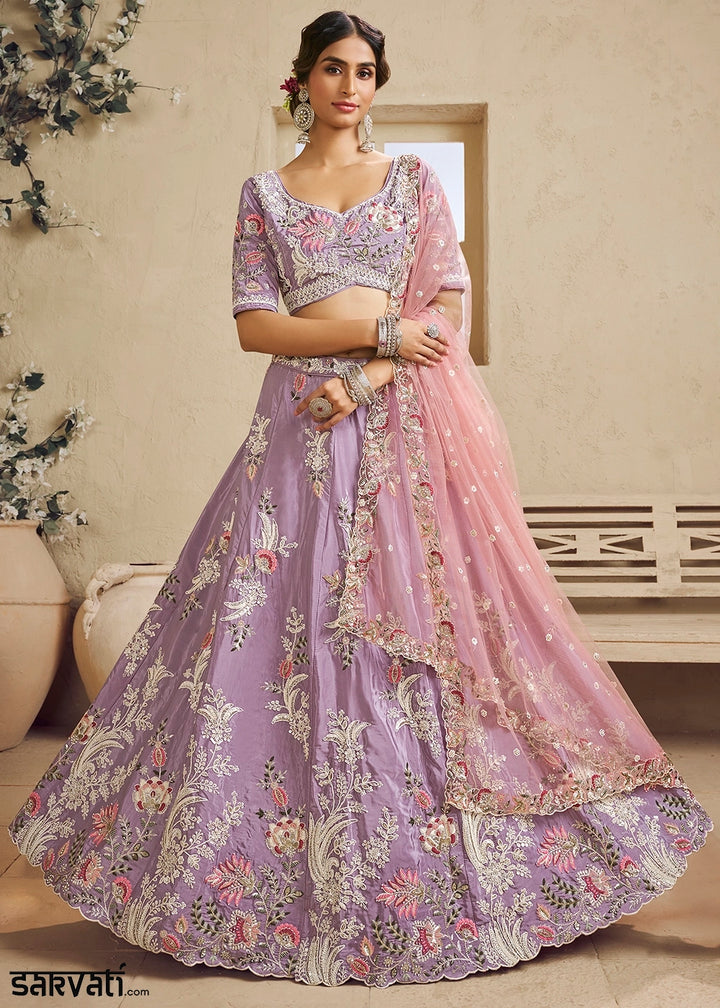 Mauve Purple Satin Lehenga Choli with Floral Embroidery & Beads