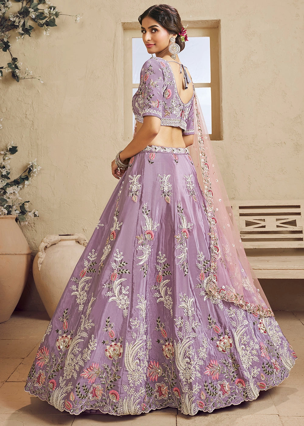 Mauve Purple Satin Lehenga Choli with Floral Embroidery & Beads