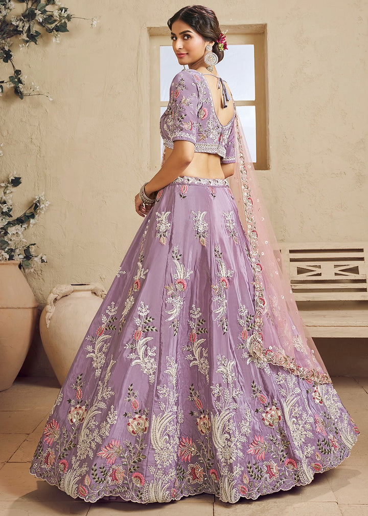 Mauve Purple Satin Lehenga Choli with Floral Embroidery & Beads