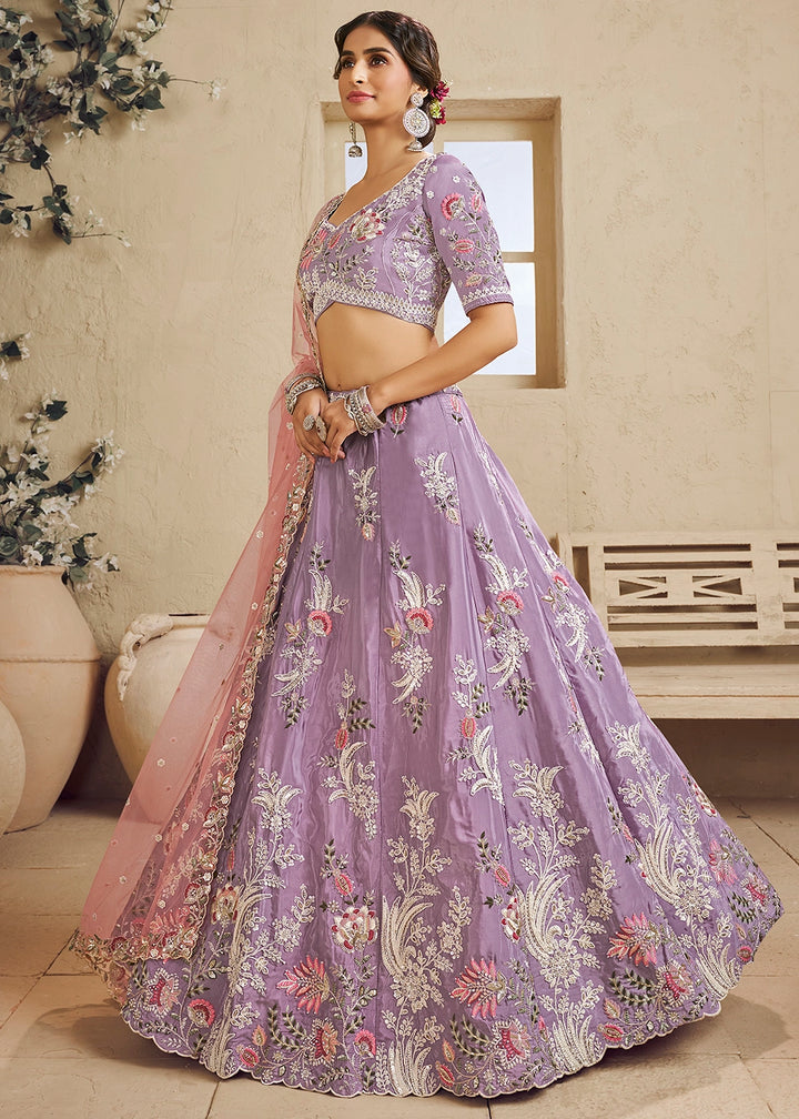 Mauve Purple Satin Lehenga Choli with Floral Embroidery & Beads