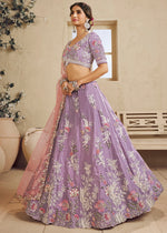 Mauve Purple Satin Lehenga Choli with Floral Embroidery & Beads