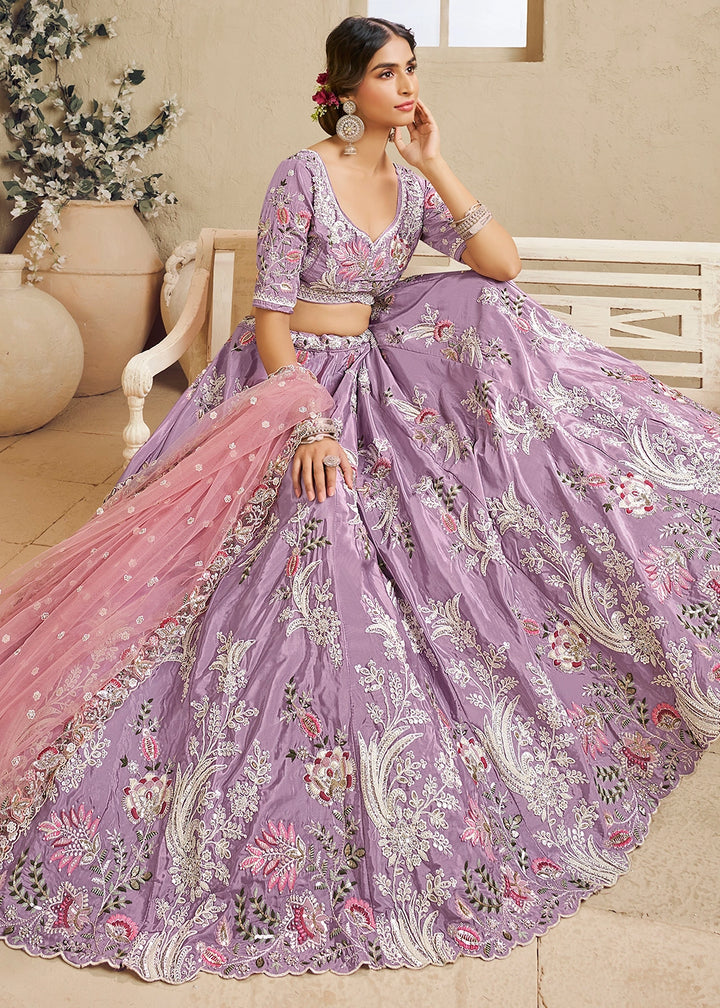 Mauve Purple Satin Lehenga Choli with Floral Embroidery & Beads