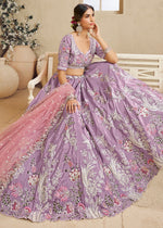 Mauve Purple Satin Lehenga Choli with Floral Embroidery & Beads