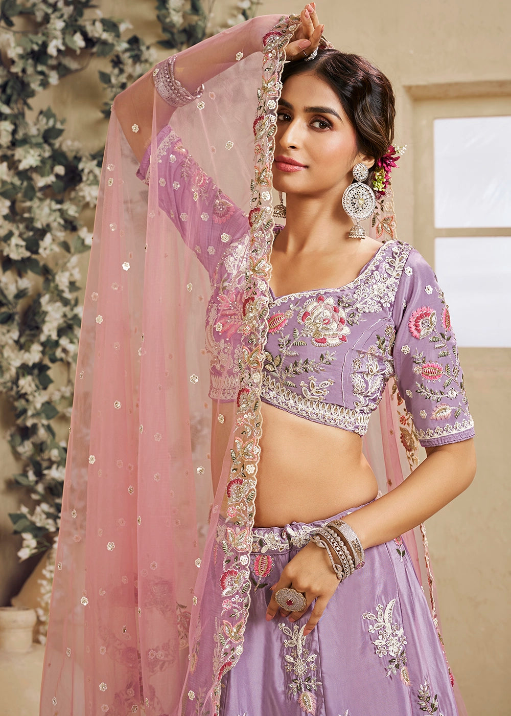 Mauve Purple Satin Lehenga Choli with Floral Embroidery & Beads