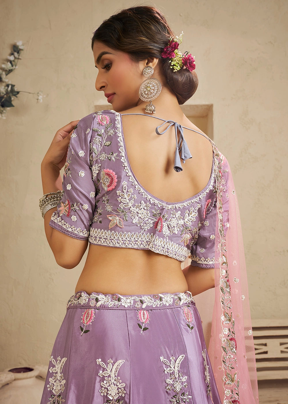 Mauve Purple Satin Lehenga Choli with Floral Embroidery & Beads