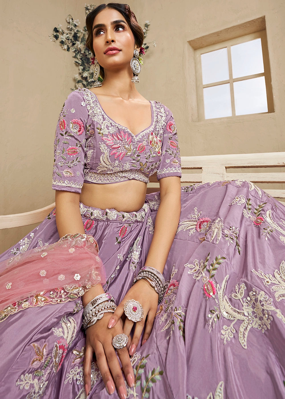 Mauve Purple Satin Lehenga Choli with Floral Embroidery & Beads