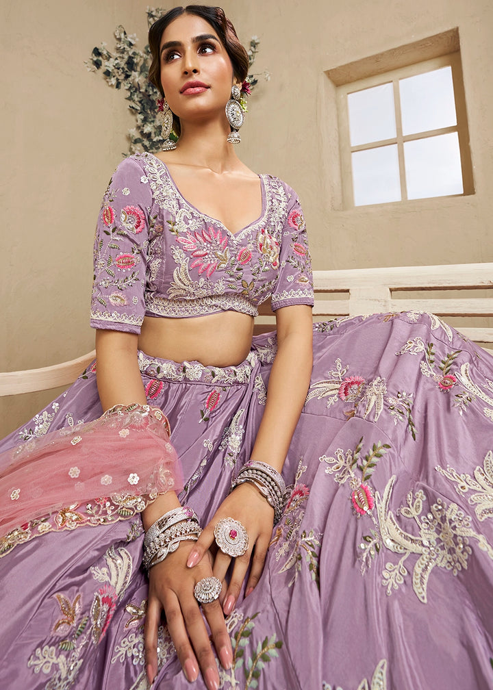 Mauve Purple Satin Lehenga Choli with Floral Embroidery & Beads