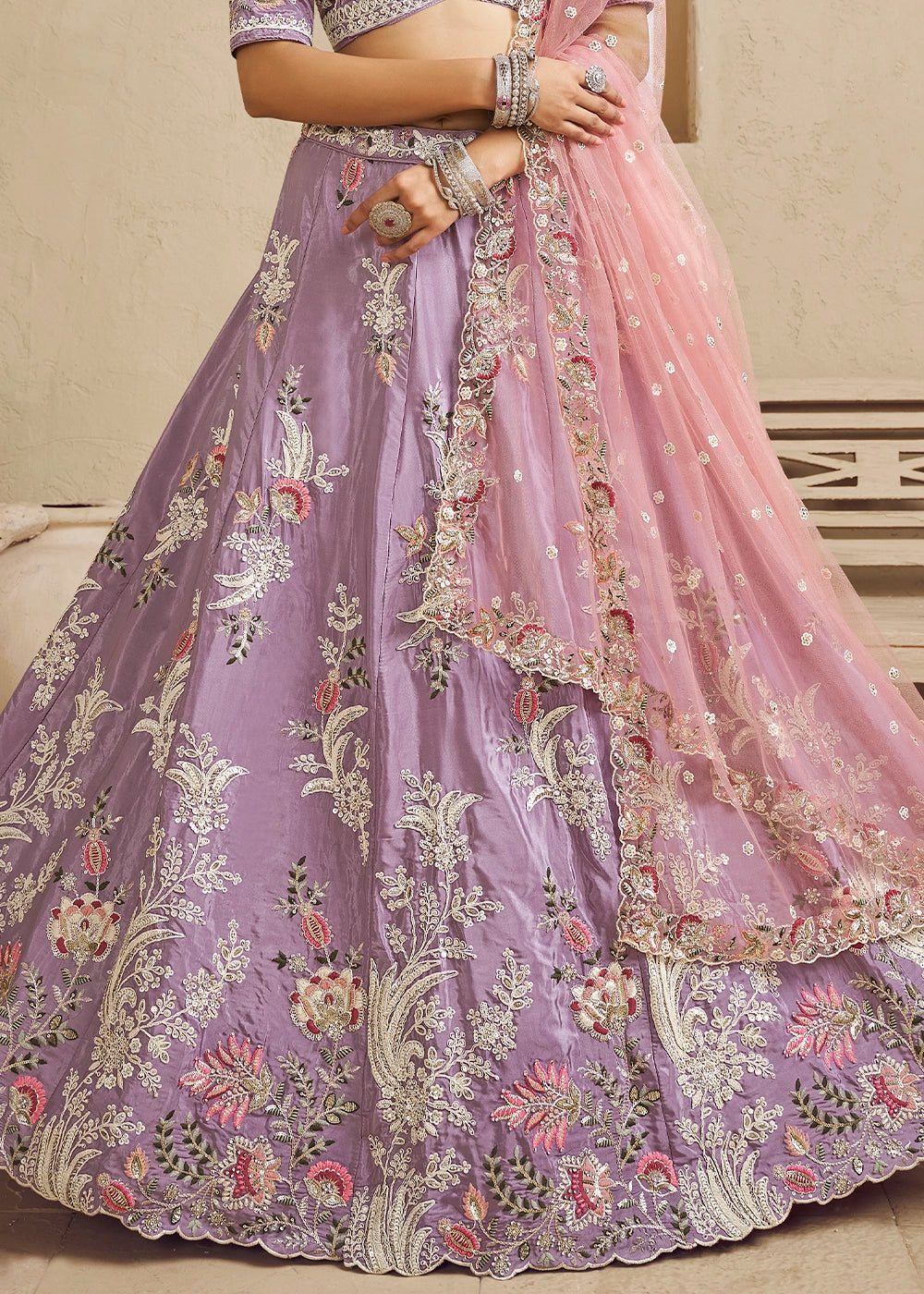 Mauve Purple Satin Lehenga Choli with Floral Embroidery & Beads