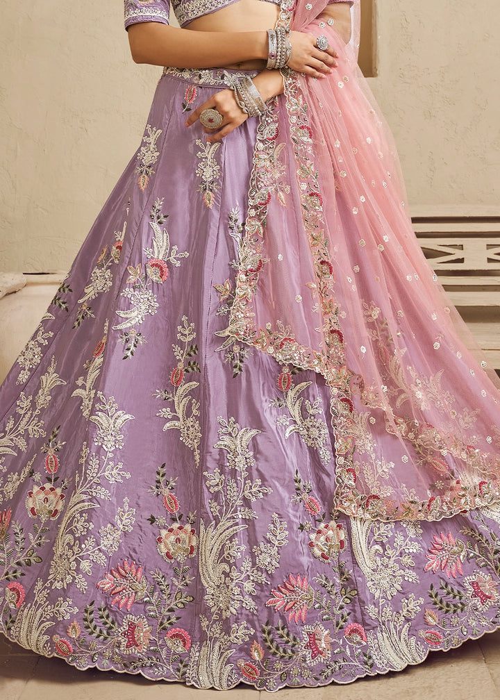 Mauve Purple Satin Lehenga Choli with Floral Embroidery & Beads
