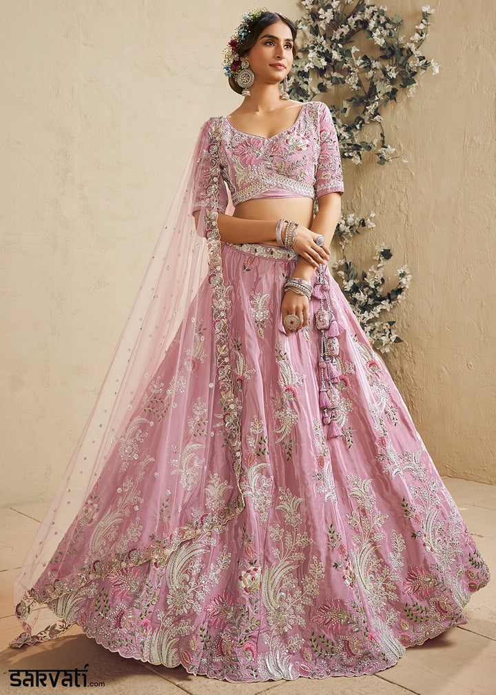 Lemonade Pink Satin Lehenga Choli with Floral Embroidery & Beads
