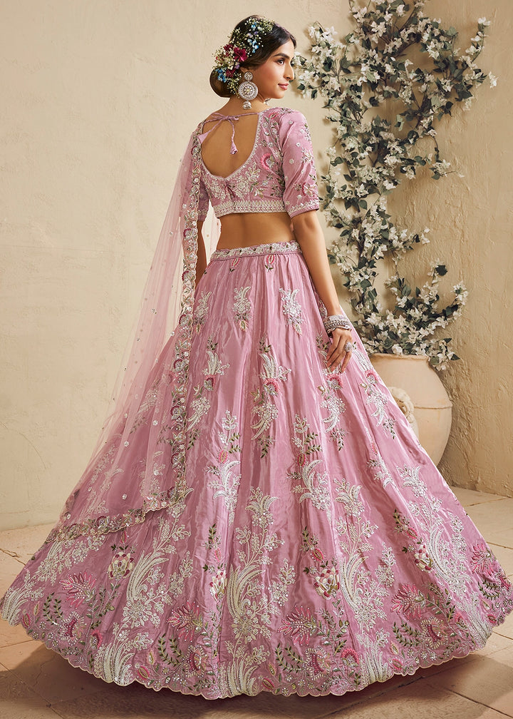 Lemonade Pink Satin Lehenga Choli with Floral Embroidery & Beads