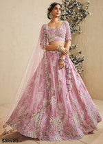 Lemonade Pink Satin Lehenga Choli with Floral Embroidery & Beads
