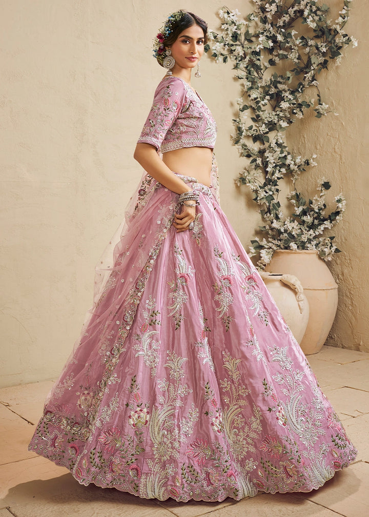 Lemonade Pink Satin Lehenga Choli with Floral Embroidery & Beads