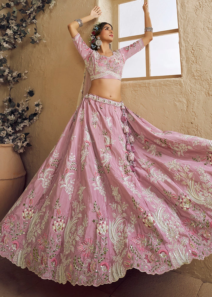 Lemonade Pink Satin Lehenga Choli with Floral Embroidery & Beads