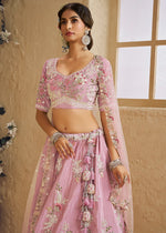 Lemonade Pink Satin Lehenga Choli with Floral Embroidery & Beads