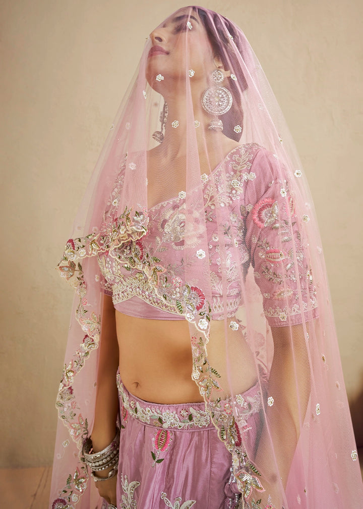Lemonade Pink Satin Lehenga Choli with Floral Embroidery & Beads