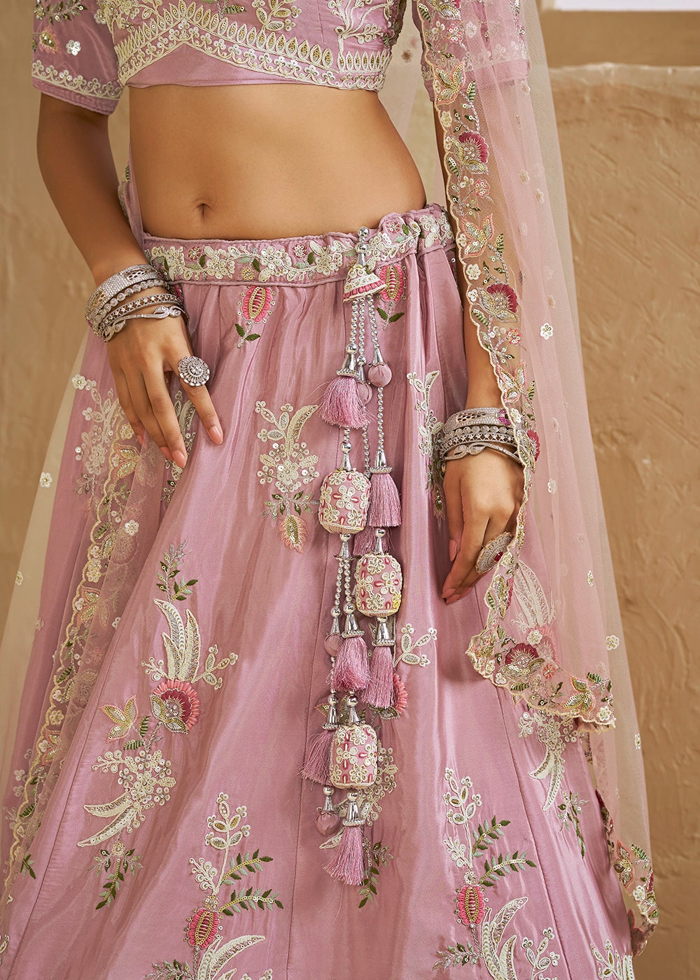 Lemonade Pink Satin Lehenga Choli with Floral Embroidery & Beads