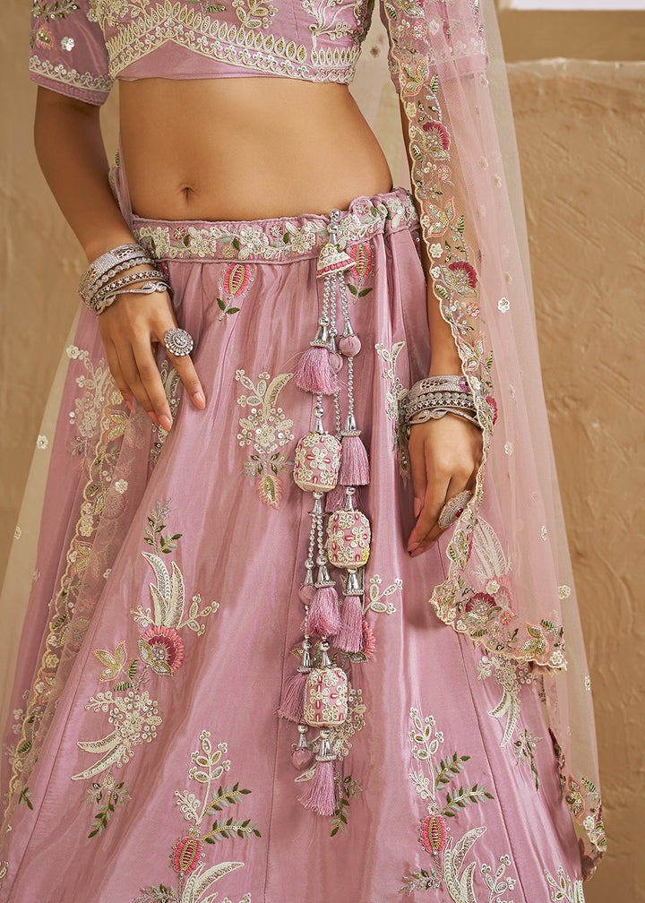 Lemonade Pink Satin Lehenga Choli with Floral Embroidery & Beads