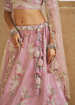Lemonade Pink Satin Lehenga Choli with Floral Embroidery & Beads