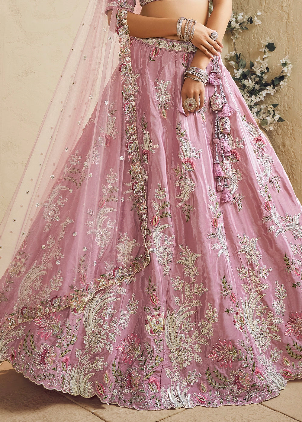 Lemonade Pink Satin Lehenga Choli with Floral Embroidery & Beads