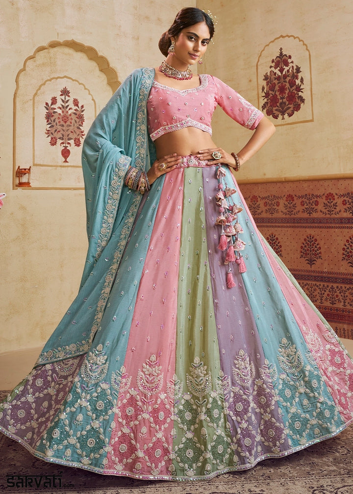 Blue & Pink Chiffon Lehenga Choli with Floral Embroidery & Sequins work
