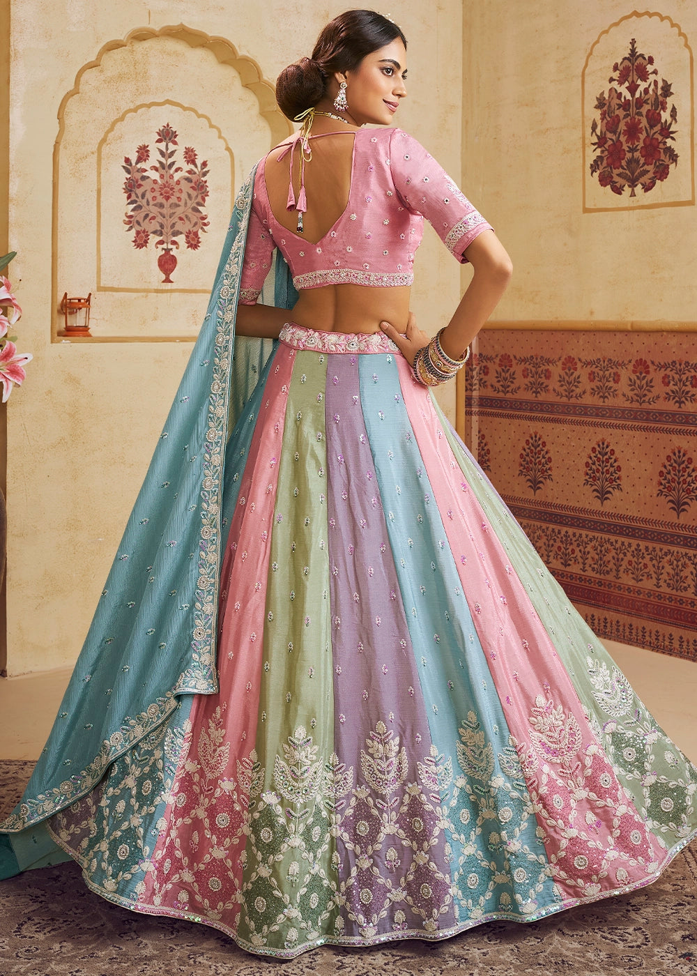 Blue & Pink Chiffon Lehenga Choli with Floral Embroidery & Sequins work