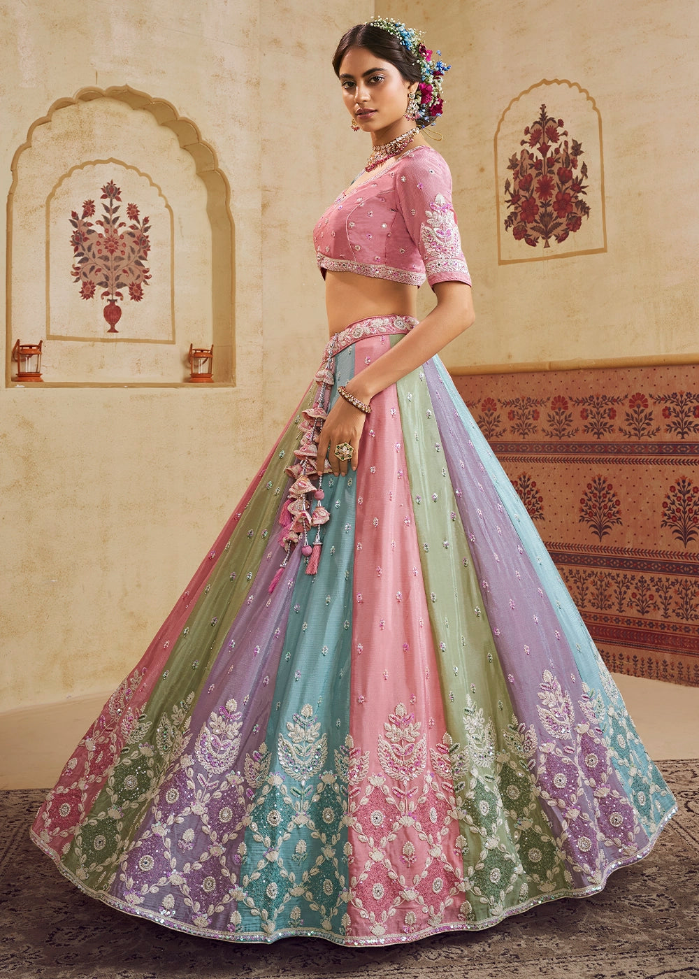 Blue & Pink Chiffon Lehenga Choli with Floral Embroidery & Sequins work