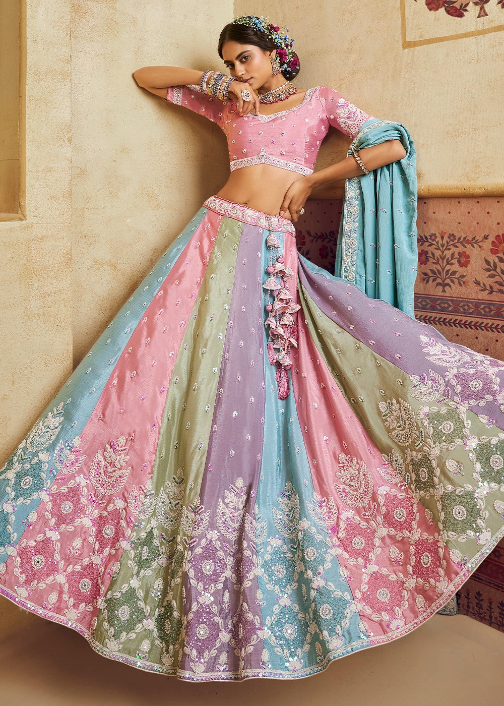 Blue & Pink Chiffon Lehenga Choli with Floral Embroidery & Sequins work