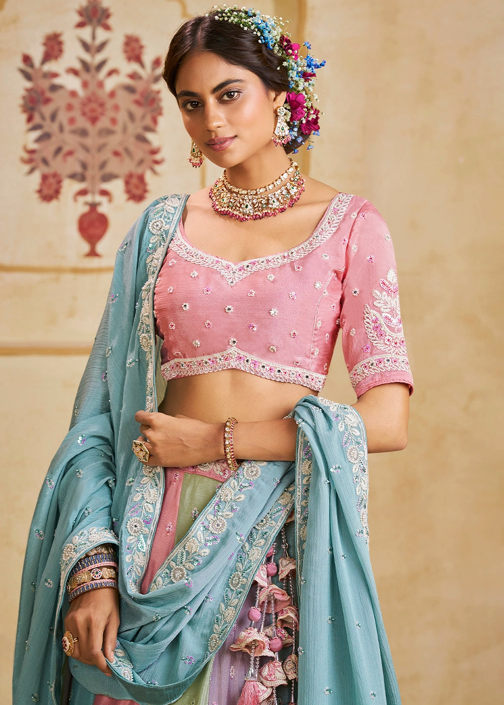 Blue & Pink Chiffon Lehenga Choli with Floral Embroidery & Sequins work