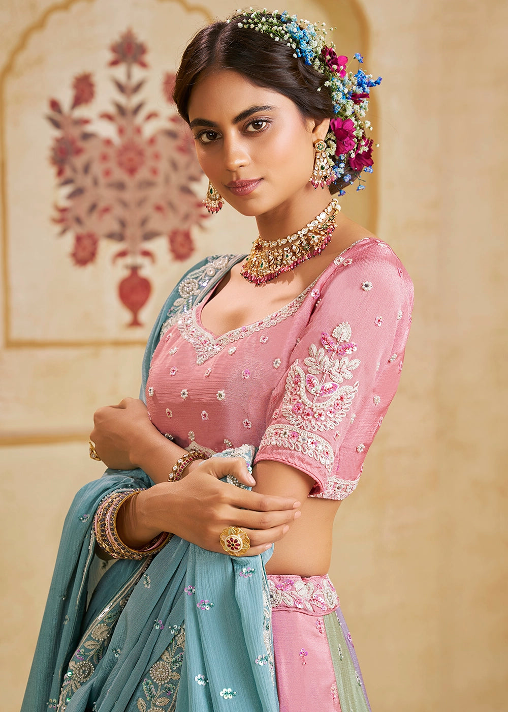 Blue & Pink Chiffon Lehenga Choli with Floral Embroidery & Sequins work