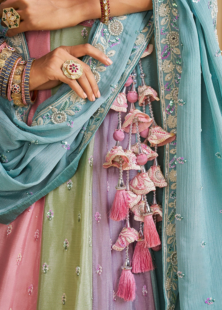Blue & Pink Chiffon Lehenga Choli with Floral Embroidery & Sequins work