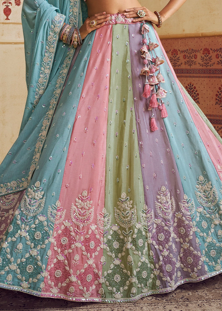 Blue & Pink Chiffon Lehenga Choli with Floral Embroidery & Sequins work