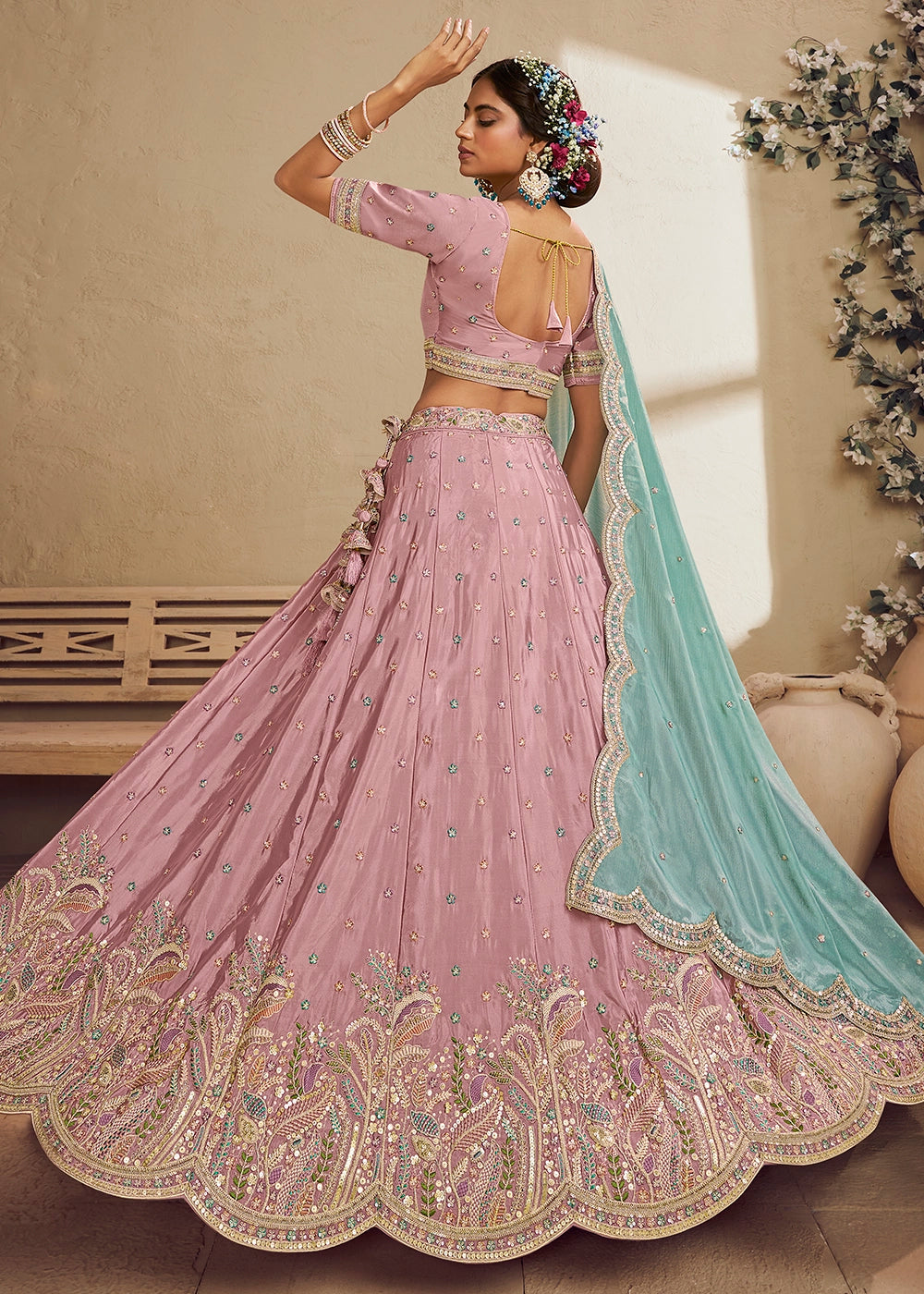 Crepe Pink Satin Lehenga Choli with Floral Embroidery & Sequins work