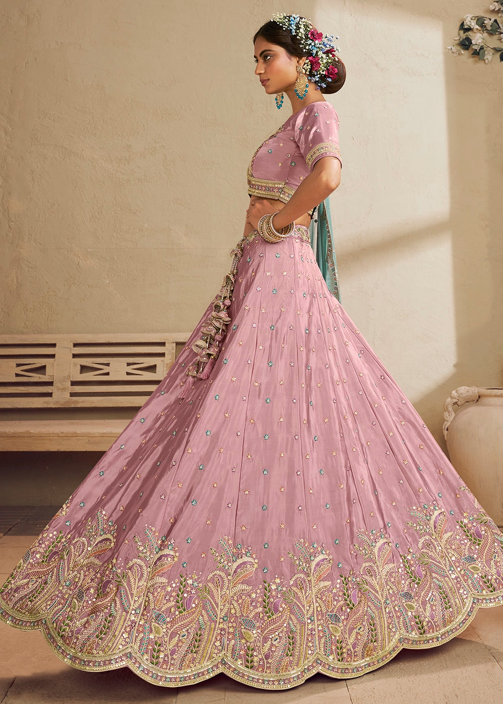 Crepe Pink Satin Lehenga Choli with Floral Embroidery & Sequins work