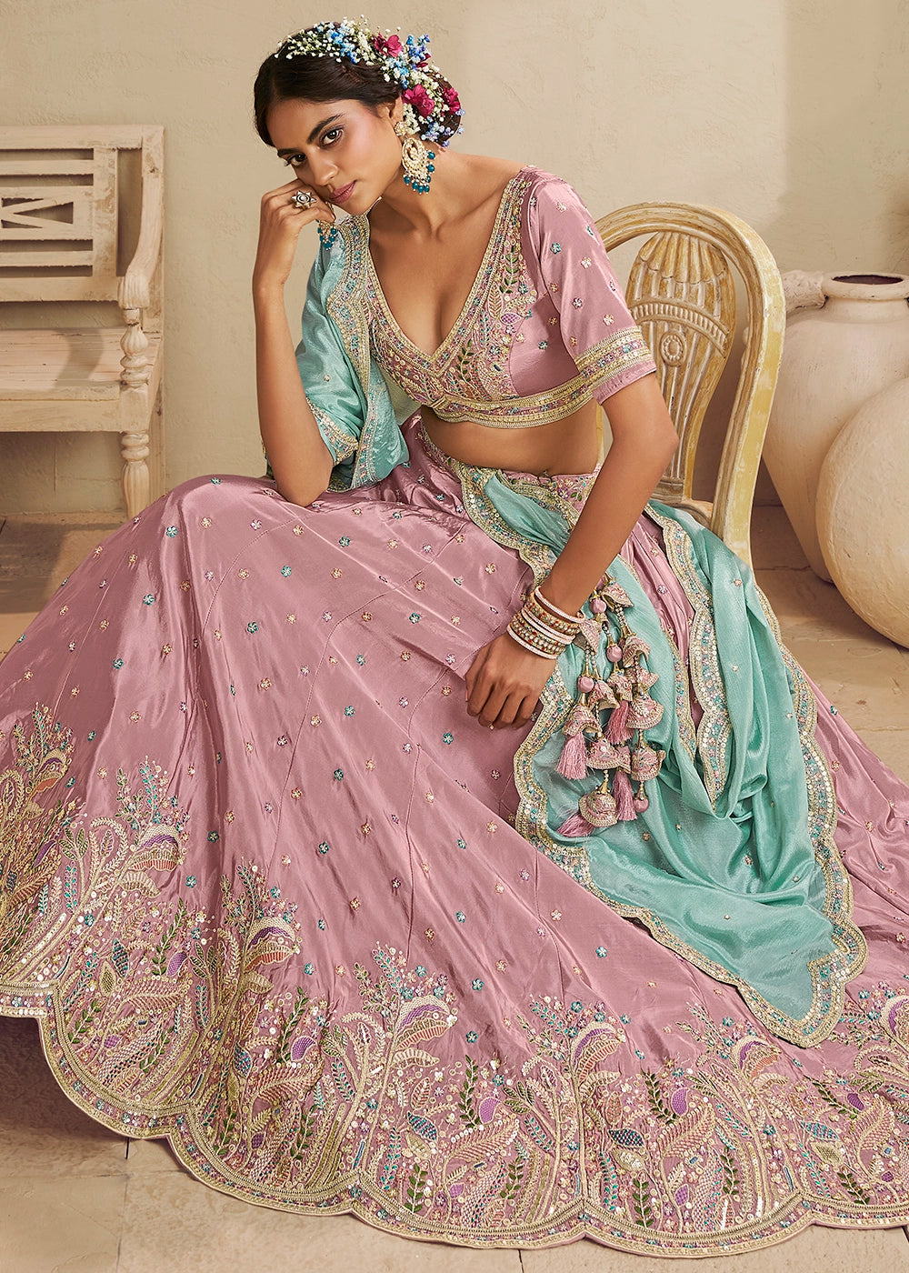 Crepe Pink Satin Lehenga Choli with Floral Embroidery & Sequins work