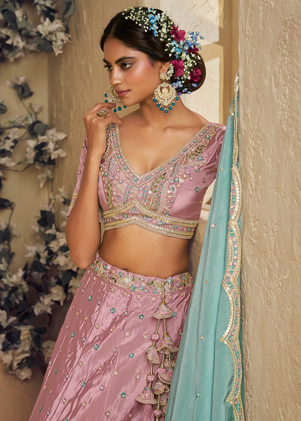 Crepe Pink Satin Lehenga Choli with Floral Embroidery & Sequins work