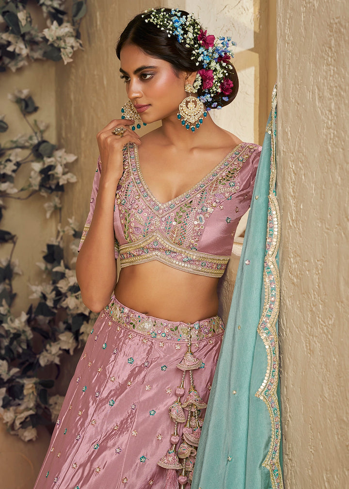 Crepe Pink Satin Lehenga Choli with Floral Embroidery & Sequins work