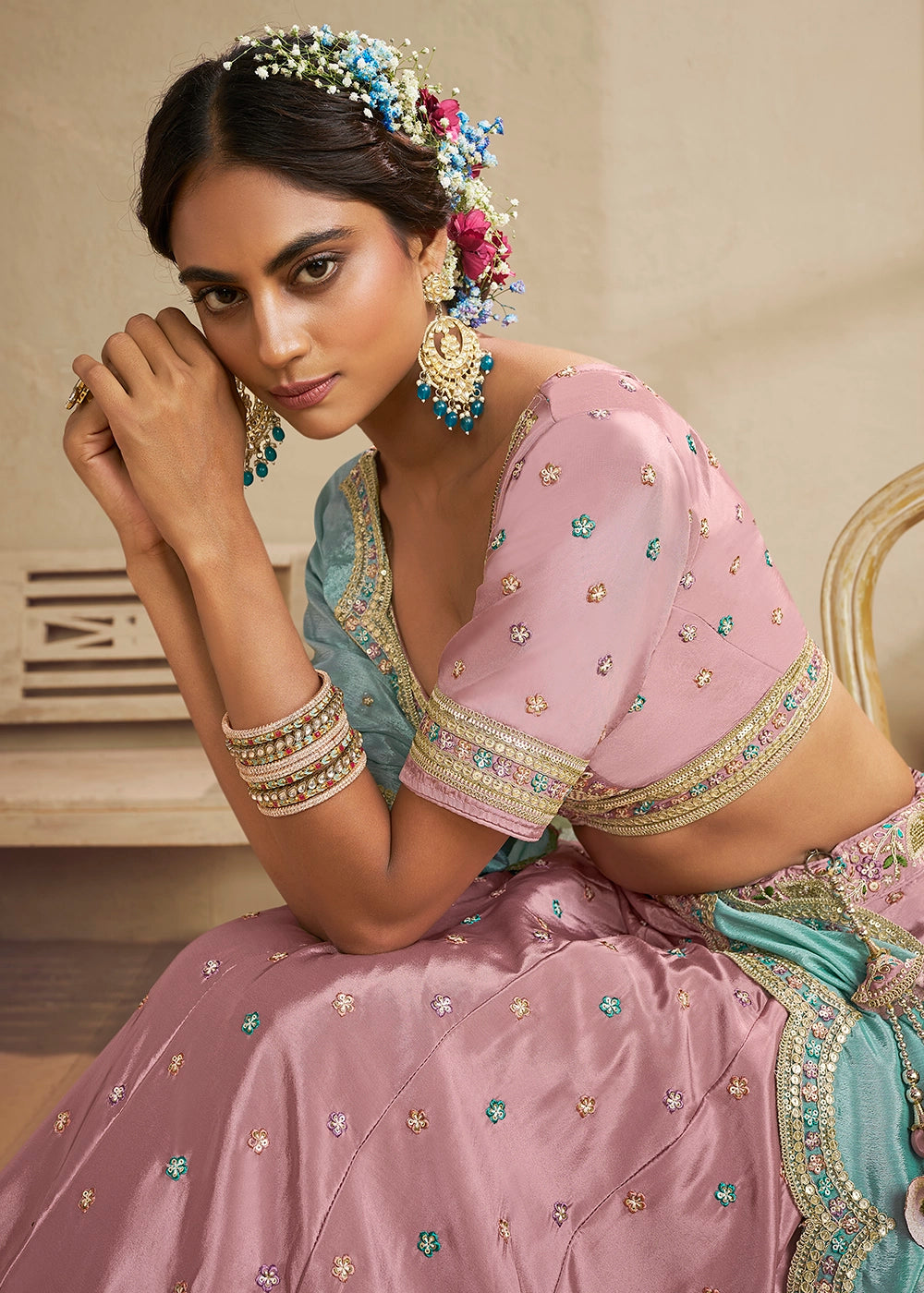 Crepe Pink Satin Lehenga Choli with Floral Embroidery & Sequins work
