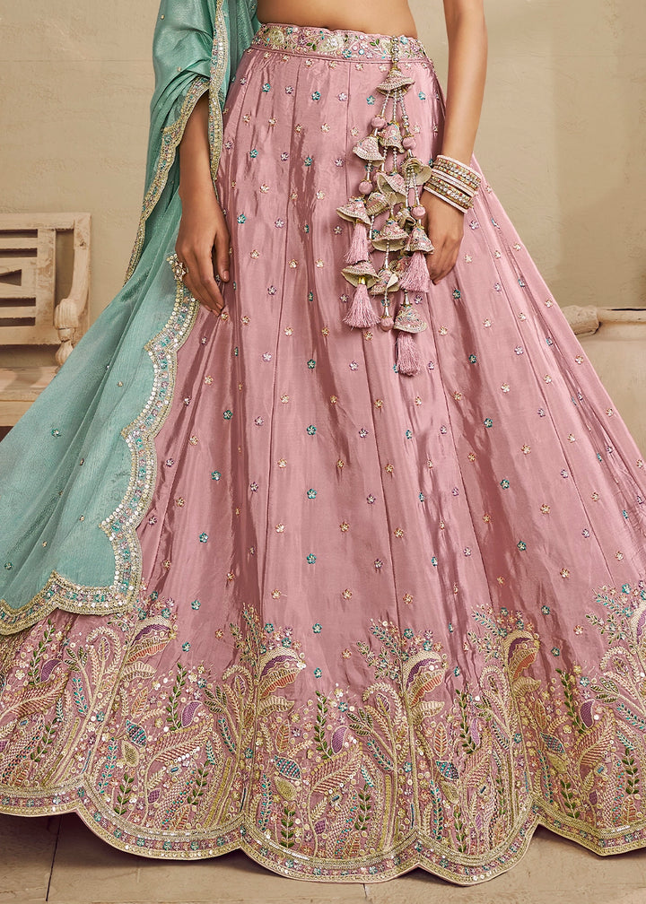 Crepe Pink Satin Lehenga Choli with Floral Embroidery & Sequins work