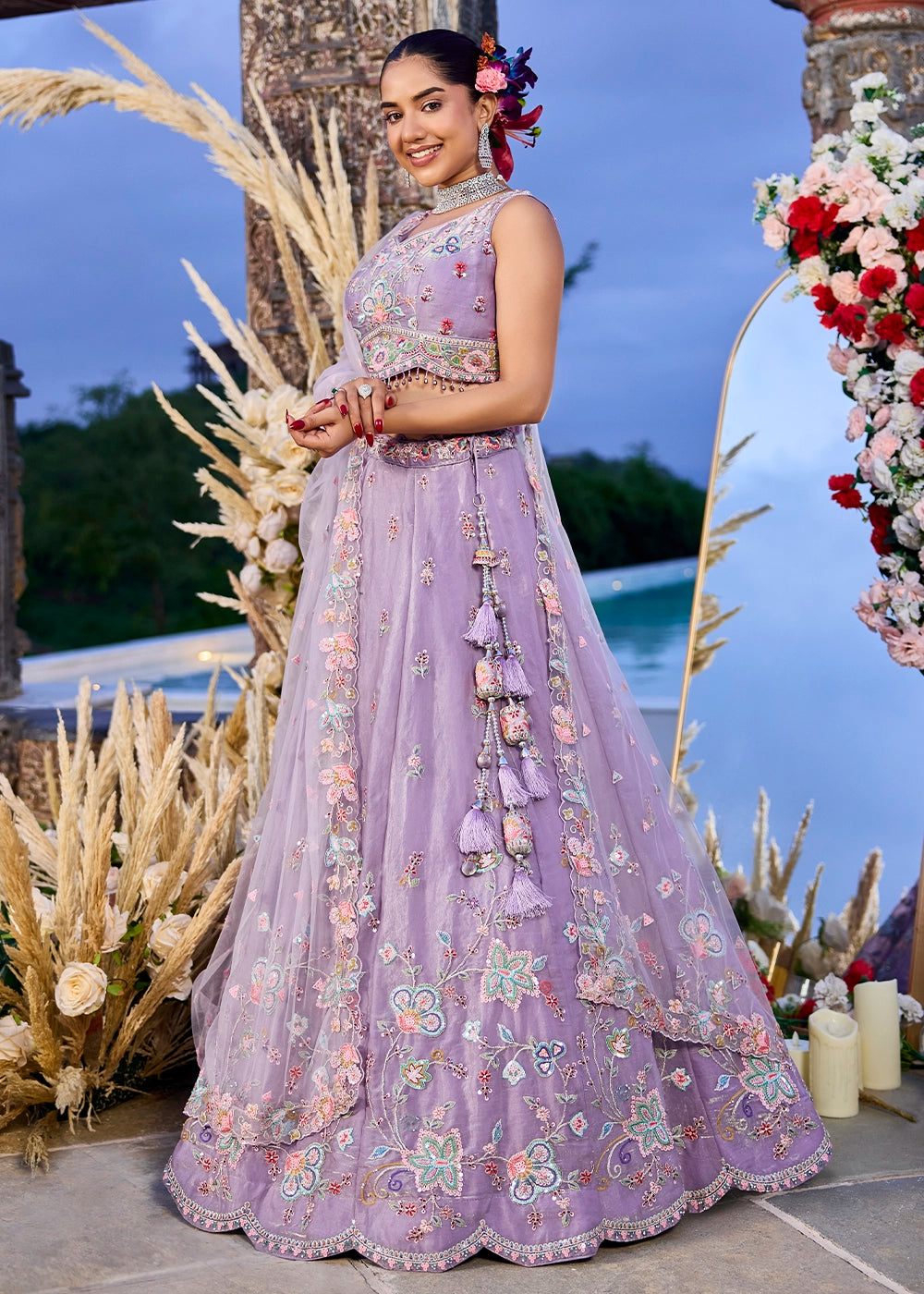 Wisteria Purple Ready-to-Wear Lehenga in Satin Silk with Embroidery