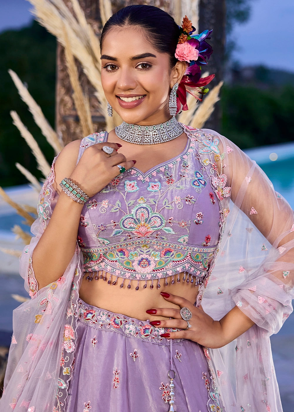 Wisteria Purple Ready-to-Wear Lehenga in Satin Silk with Embroidery