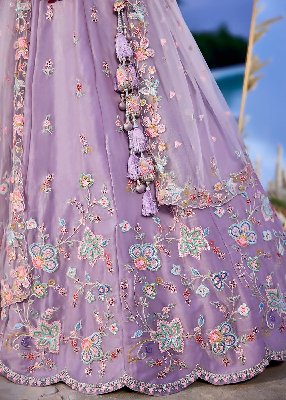 Wisteria Purple Ready-to-Wear Lehenga in Satin Silk with Embroidery