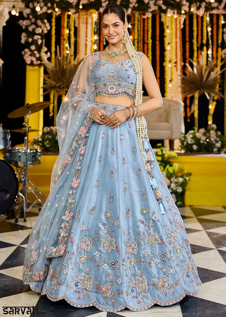 Sky Blue Ready-to-Wear Lehenga in Satin Silk with Embroidery