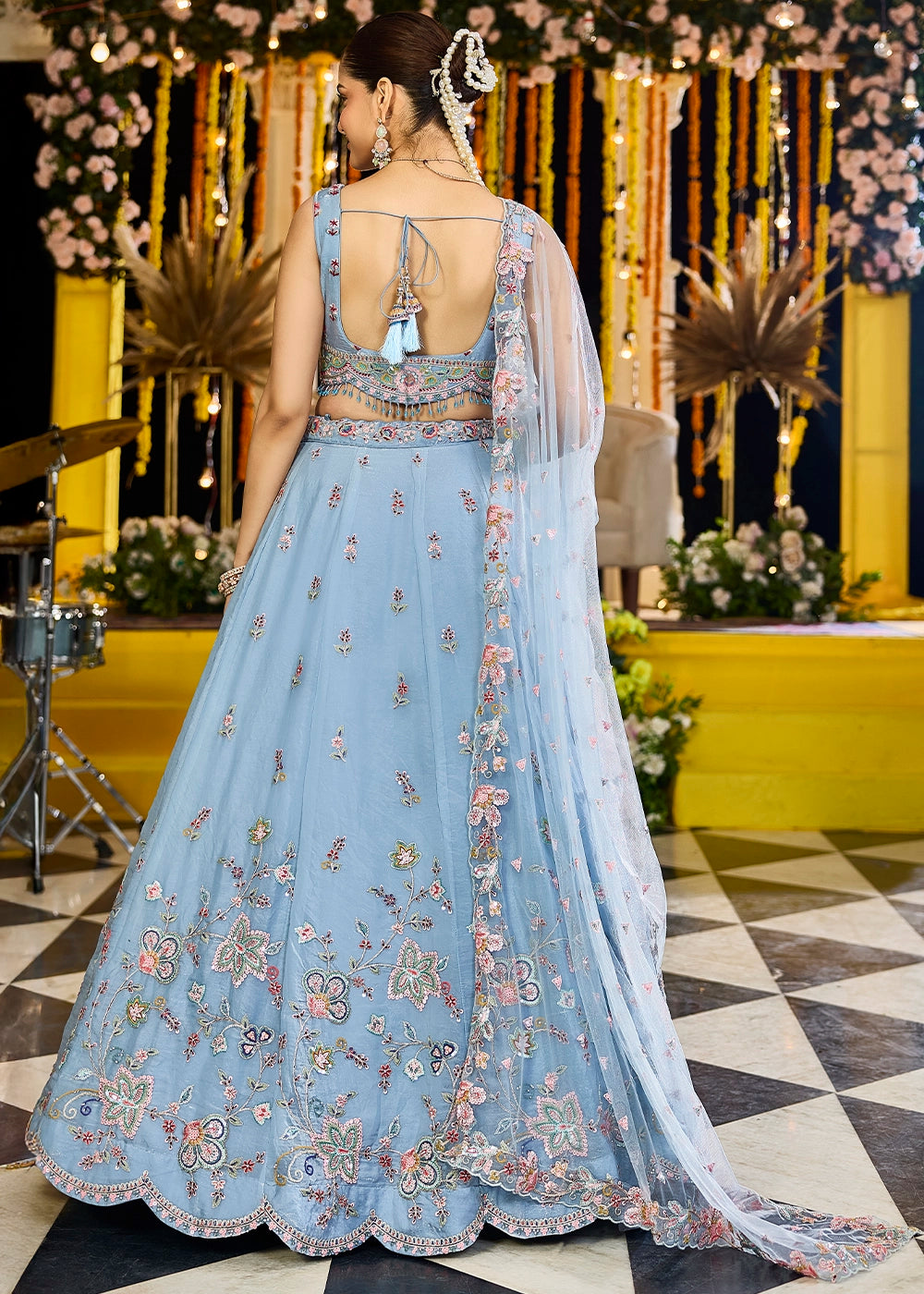 Sky Blue Ready-to-Wear Lehenga in Satin Silk with Embroidery