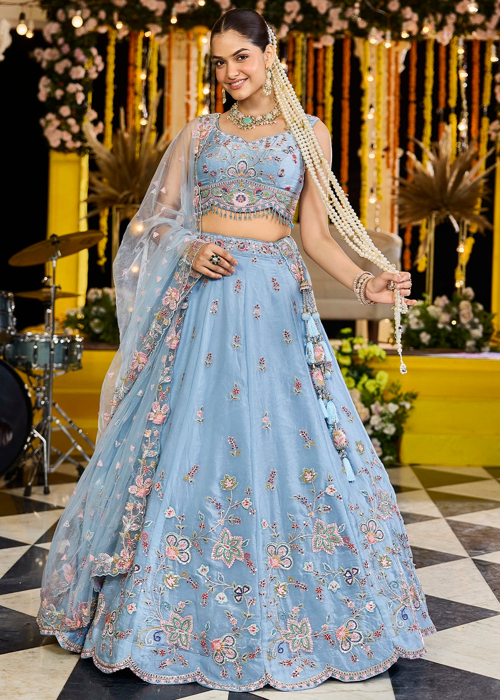 Sky Blue Ready-to-Wear Lehenga in Satin Silk with Embroidery