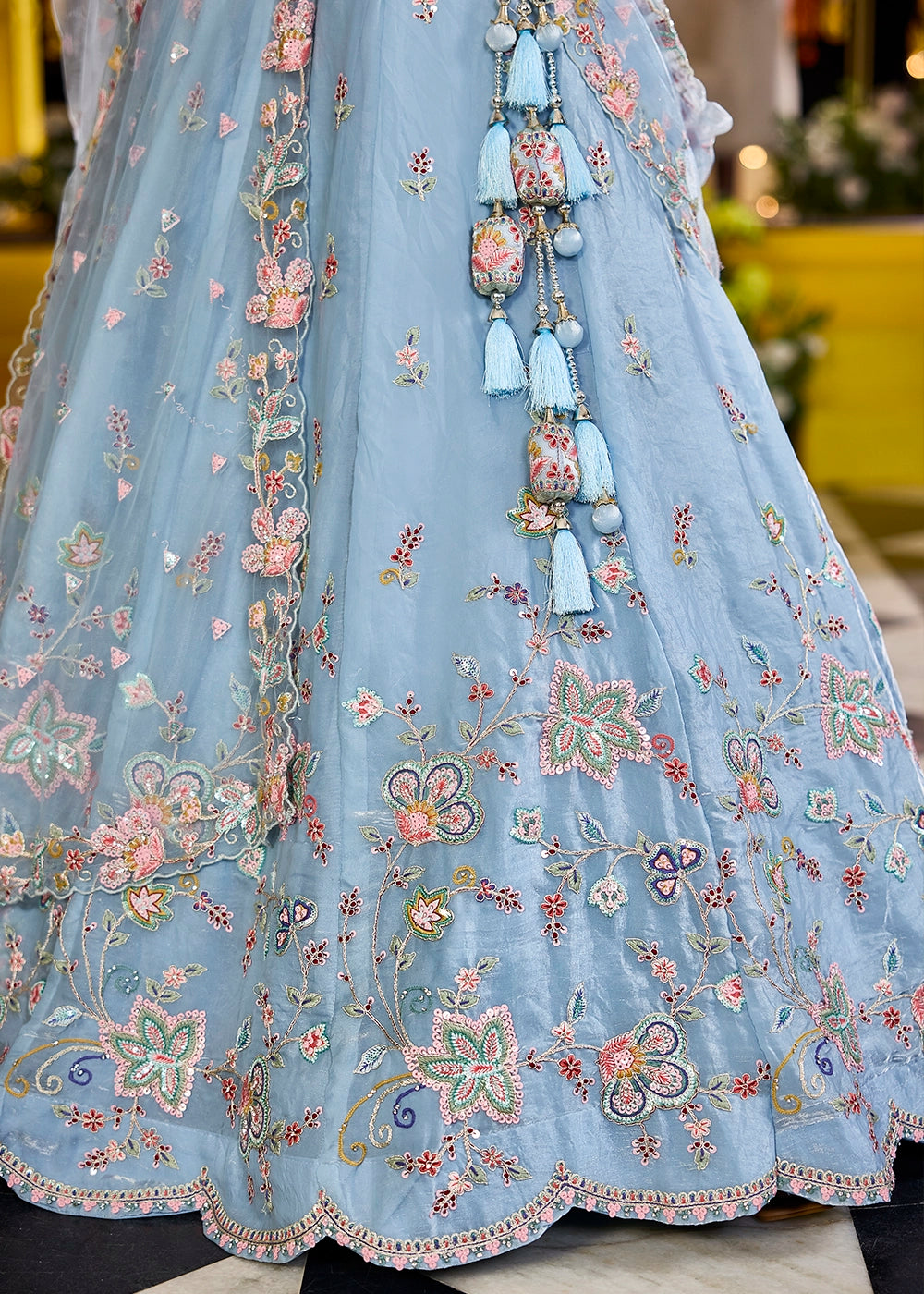 Sky Blue Ready-to-Wear Lehenga in Satin Silk with Embroidery