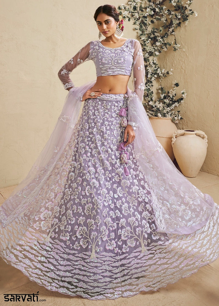 Lilac Purple Net Lehenga Choli with Floral Embroidery & Sequins work